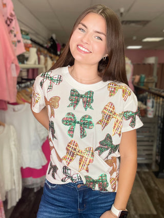 Scattered Plaid Bow Tee White Queen of Sparkles