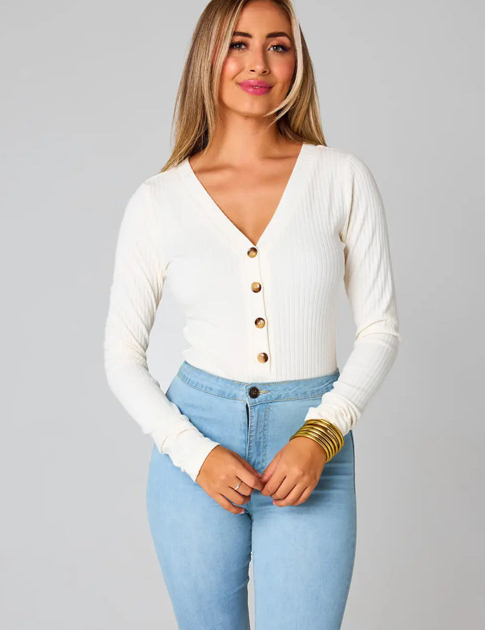 Holly Long Sleeve Button Up Bodysuit - White [BuddyLove]