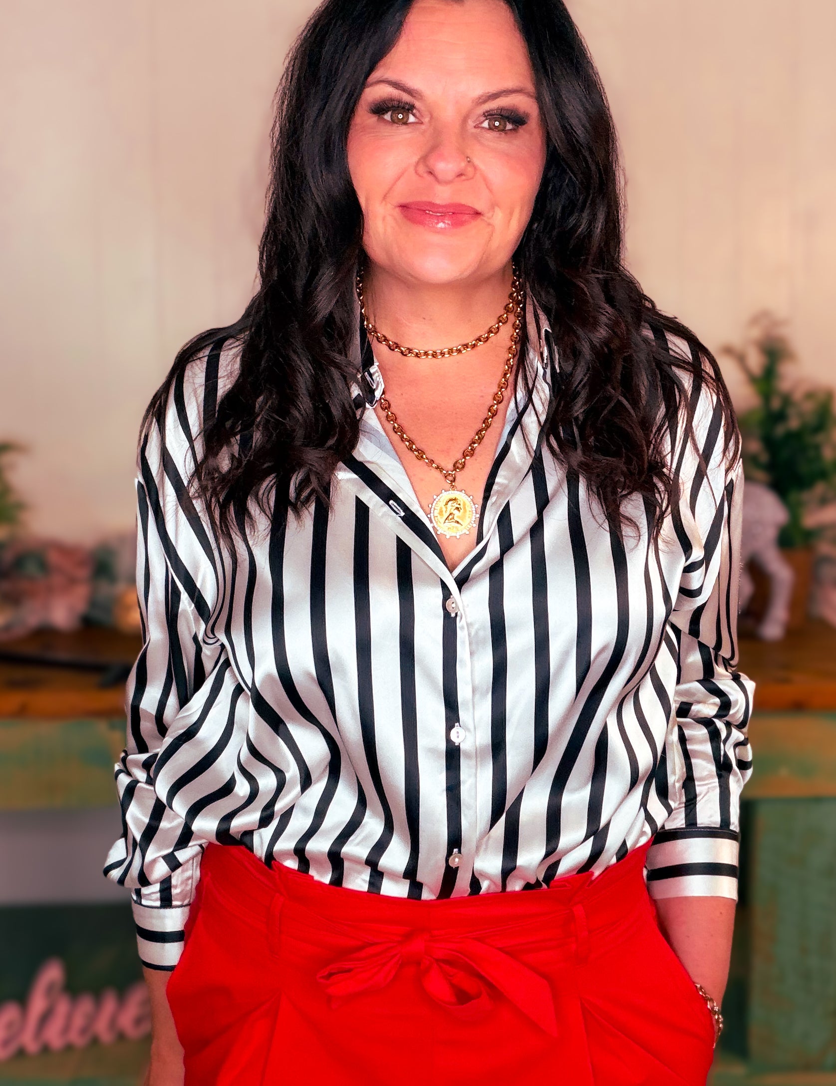 Collard Vertical Stripe Printed Satin Blouse Top