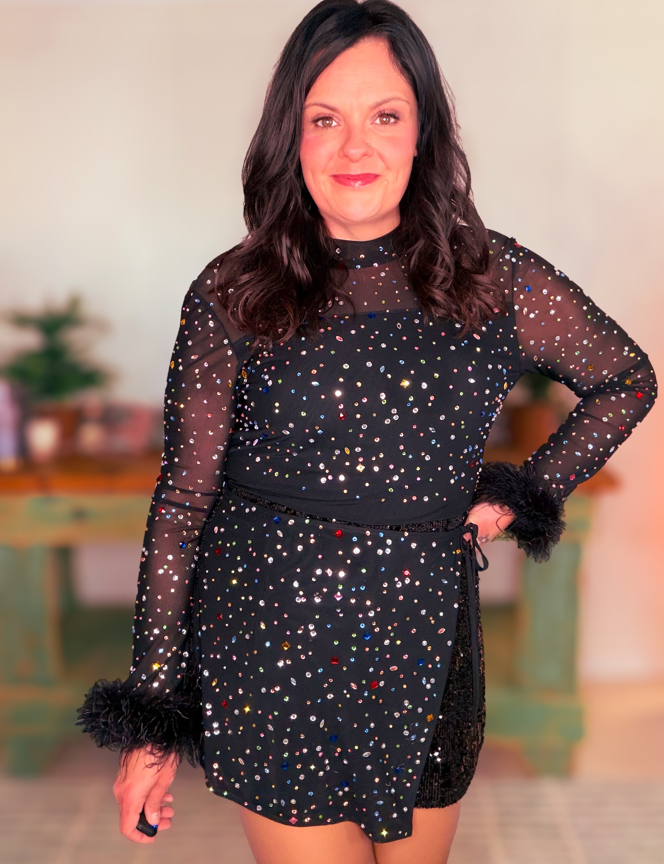 Queen of Sparkles Black Multi Scattered Rhinestone Romper