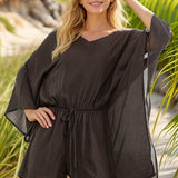 Black V Neck Asymmetrical Sleeve Tie Waist Romper