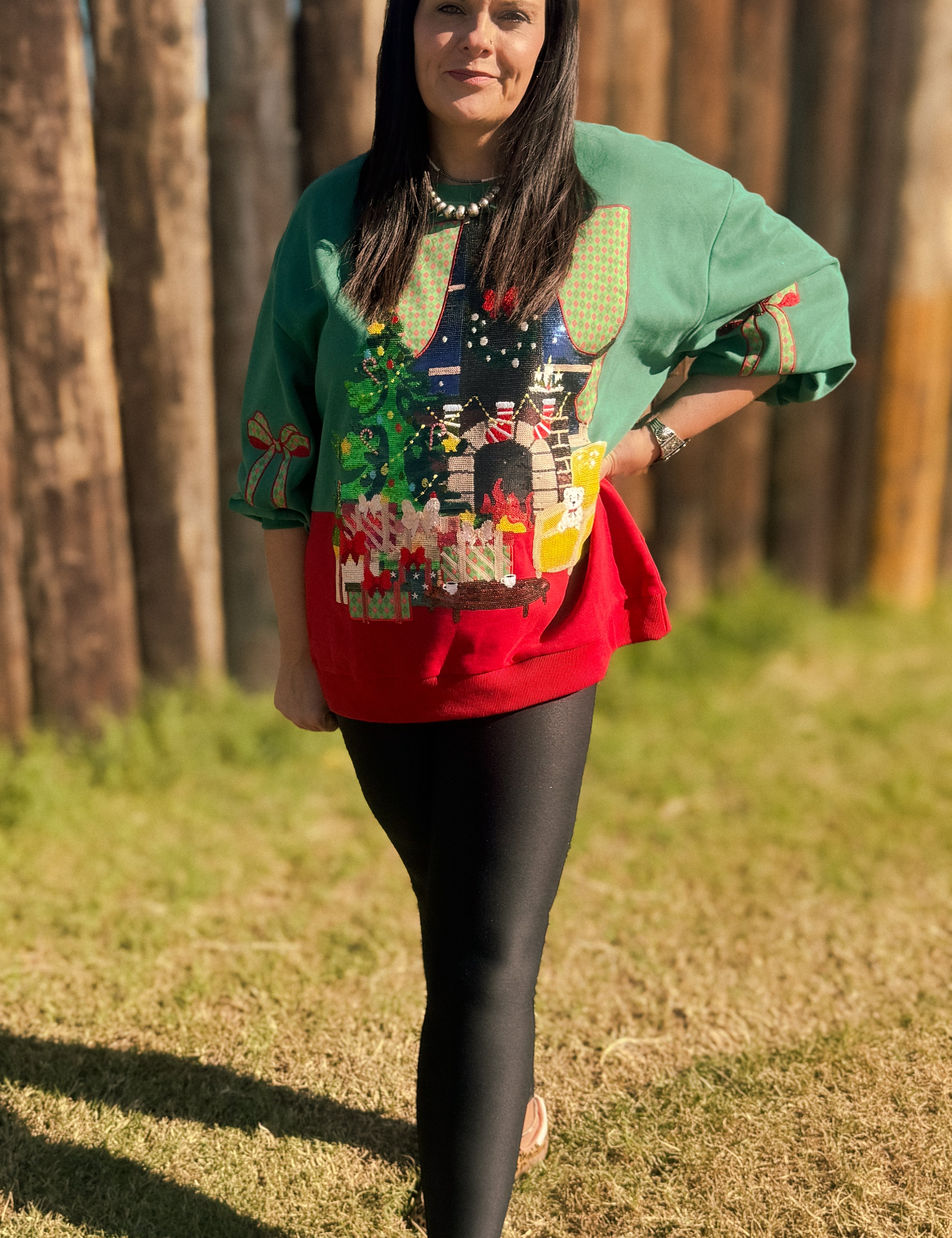 Green Christmas Living Room Sweatshirt With Bow Sleeve - Green [Queen of Sparkles]