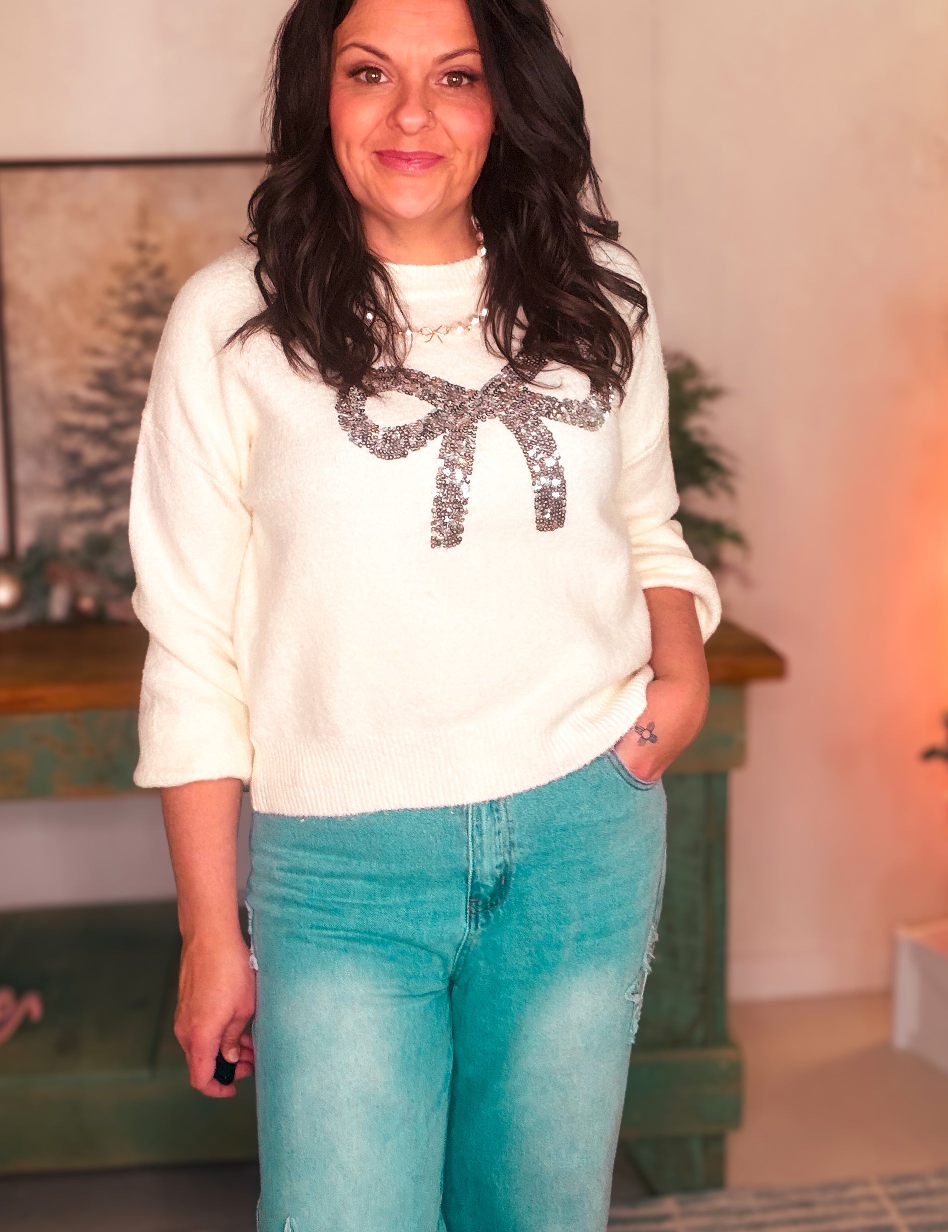 Knit Pullover Sequin Bow Sweater – Ivory