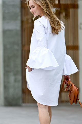 Finley Bell Sleeve Button Down High Low Dress White