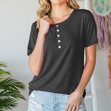 Black Short Sleeve Henley Button Detail Top