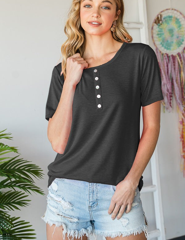 Black Short Sleeve Henley Button Detail Top