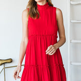 Red Mock Neck Ruffle Tiered Dress