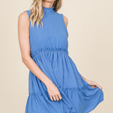 Blue Mock Neck Ruffle Tiered Dress