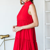 Red Mock Neck Ruffle Tiered Dress