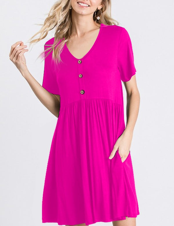 Fuchsia V Neck Babydoll Pocket Dress