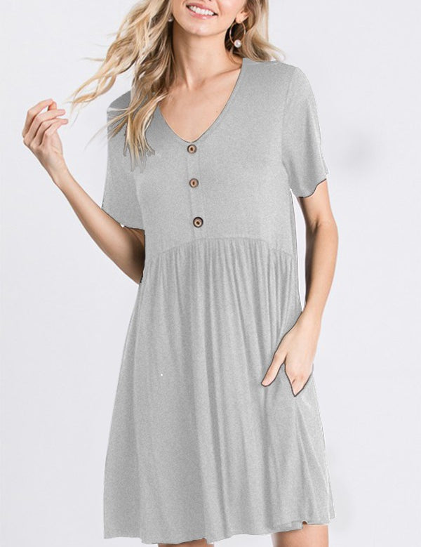 Heather Grey V Neck Babydoll Pocket Dress