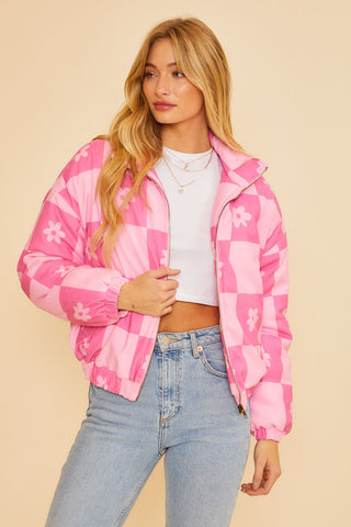 Parker Check Floral Puffer Jacket Pink Multi