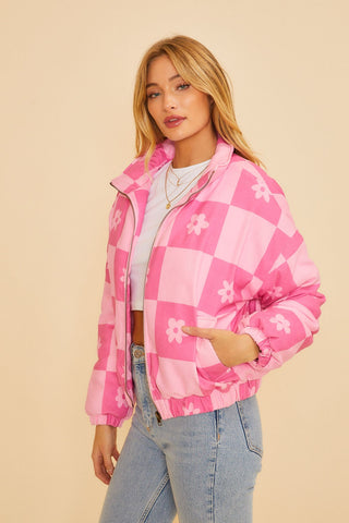 Parker Check Floral Puffer Jacket Pink Multi
