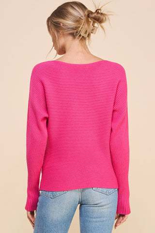 Farrah Ribbed Dolman Pullover Sweater Fuschia