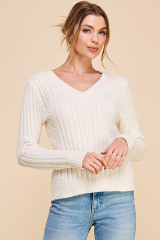 Cyprus Cloud Ribbed V-Neck Sweater French Vanilla