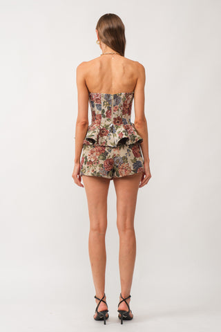 Caspian Floral Jacquard Peplum Corset Top Multi