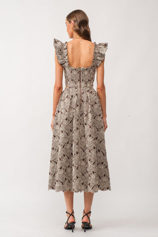 Poppy Floral Embroidered Denim Midi Dress Brown