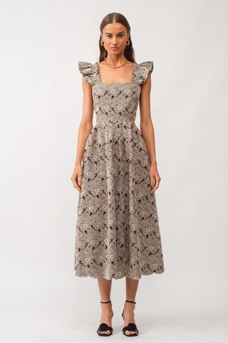 Poppy Floral Embroidered Denim Midi Dress Brown