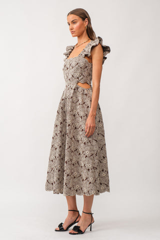 Poppy Floral Embroidered Denim Midi Dress Brown