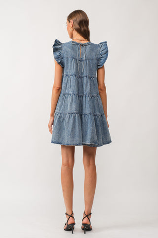 Mabel Denim Tiered Mini Dress Medium Blue