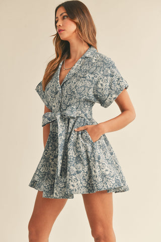 Sariah Floral Print Safari Dress With Belt Navy