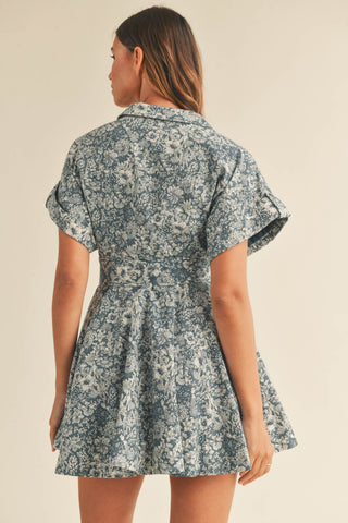 Sariah Floral Print Safari Dress With Belt Navy
