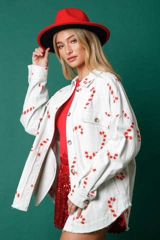 Candy Cane Printed Corduroy Shacket White/Red