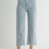 Astrid High Rise Rhinestone Straight Leg Cropped Denim Light Wash