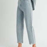 Astrid High Rise Rhinestone Straight Leg Cropped Denim Light Wash