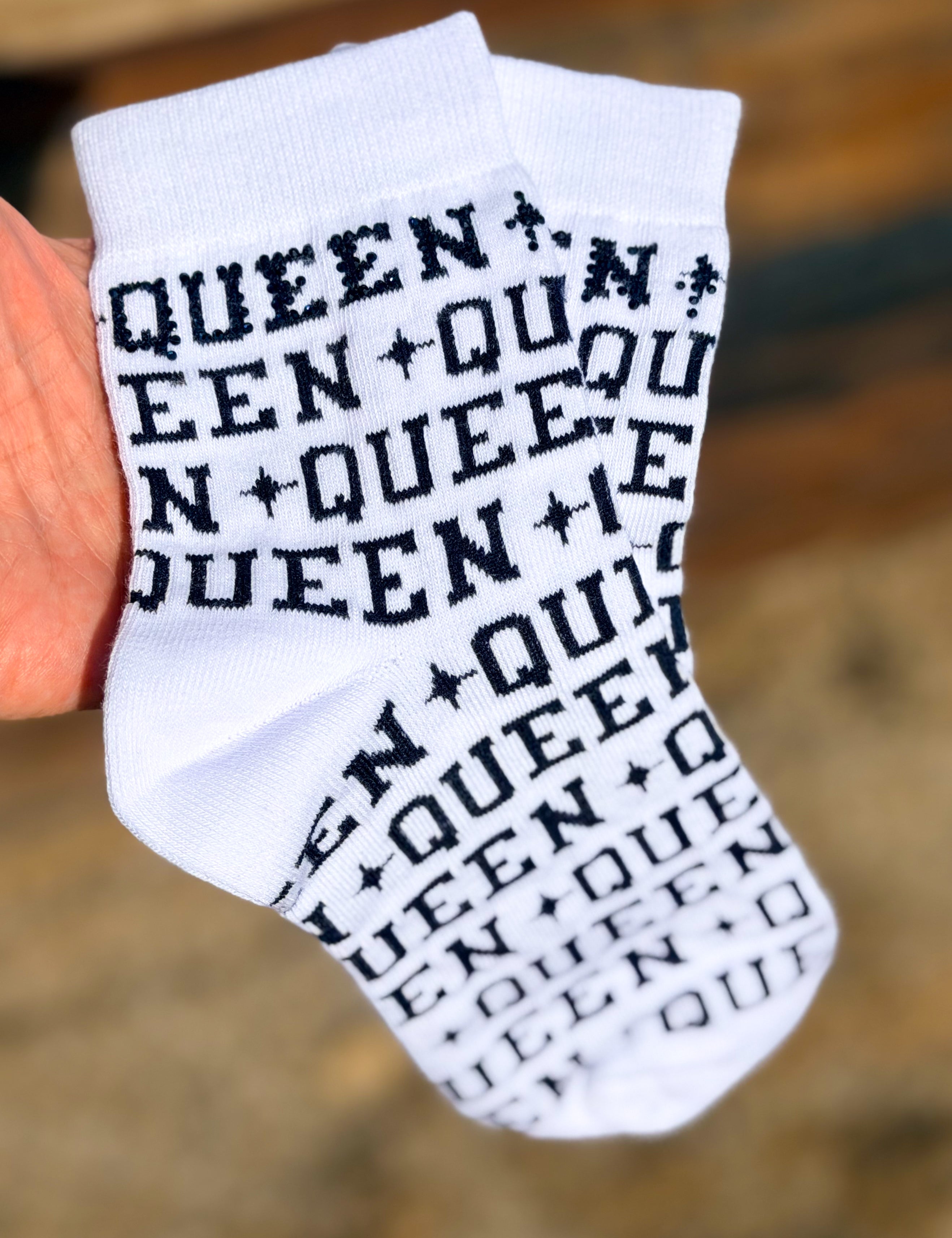 White & Navy Rhinestone Queen Socks