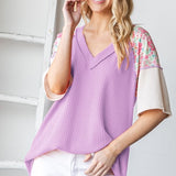 Lavender Floral Contrast Sleeve V-Neck Top