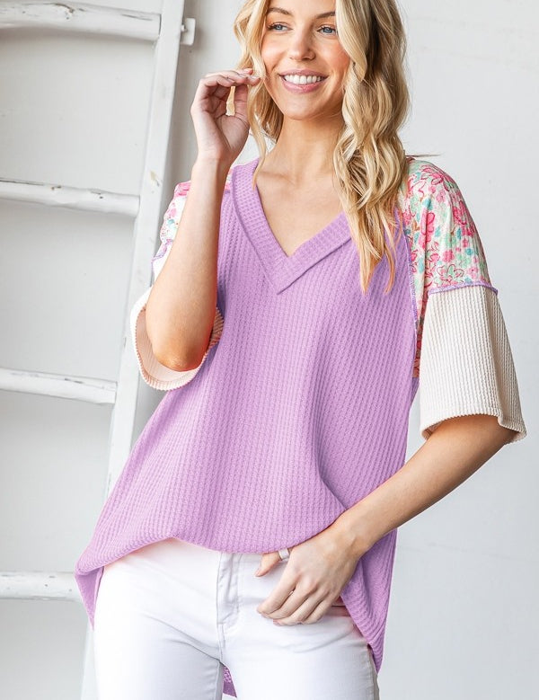 Lavender Floral Contrast Sleeve V-Neck Top