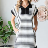 Black And Ivory Striped Zip Front Mini Dress With Pockets