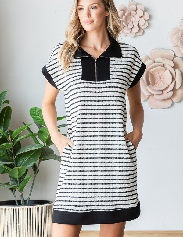 Black And Ivory Striped Zip Front Mini Dress With Pockets