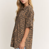 Leopard Print Ribbed Button Down Collared Top