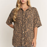 Leopard Print Ribbed Button Down Collared Top