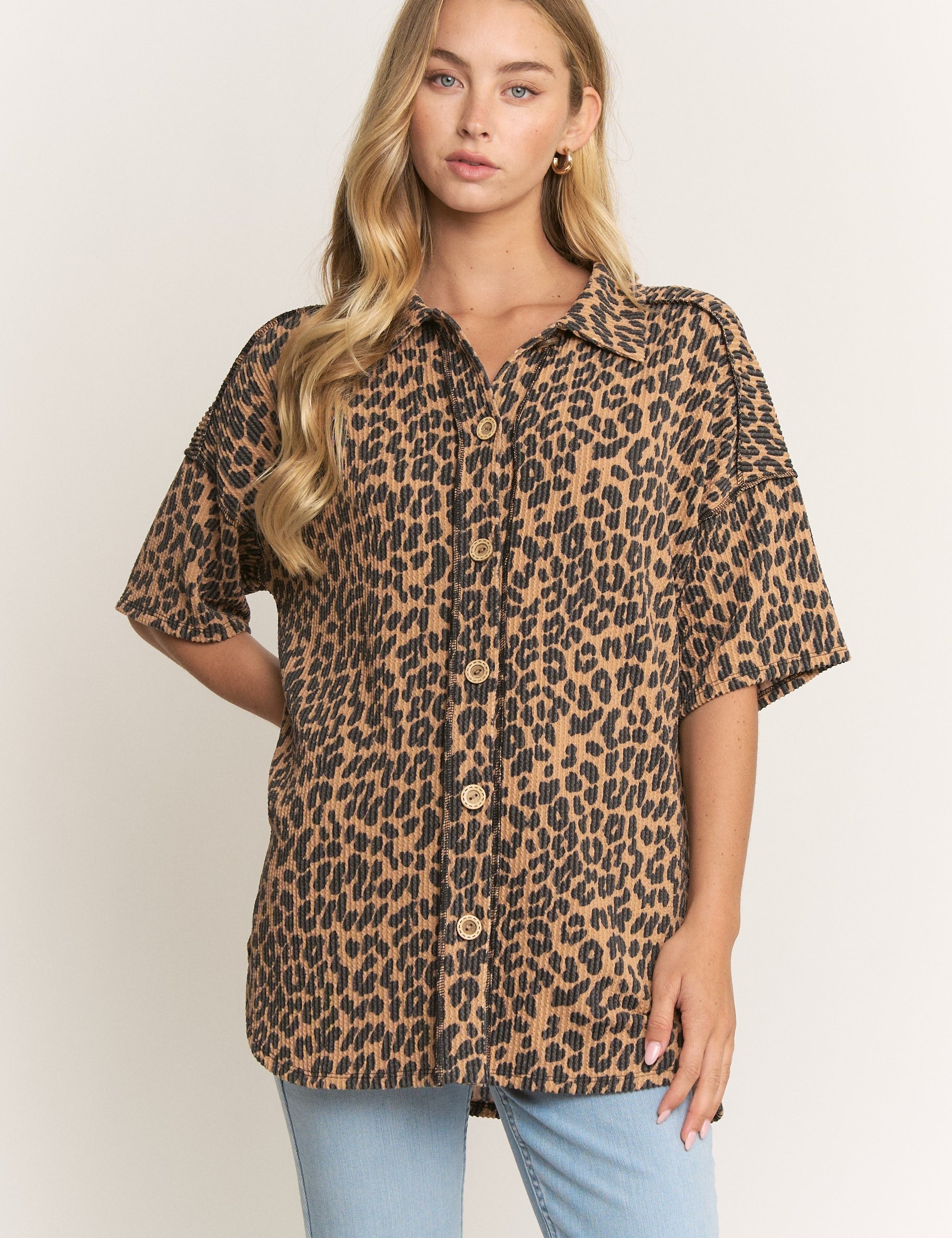 Leopard Print Ribbed Button Down Collared Top