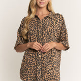 Leopard Print Ribbed Button Down Collared Top