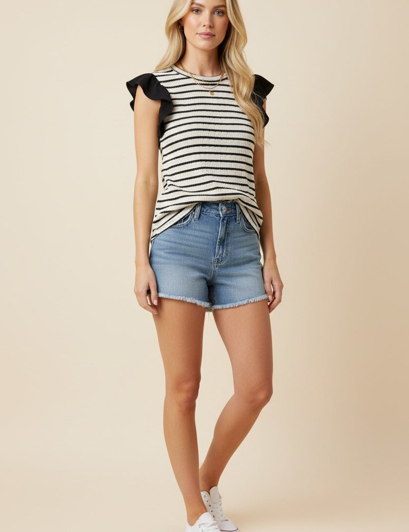 Black Jacquard Striped Ruffle Shoulder Sleeveless Top