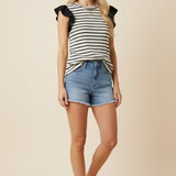 Black Jacquard Striped Ruffle Shoulder Sleeveless Top