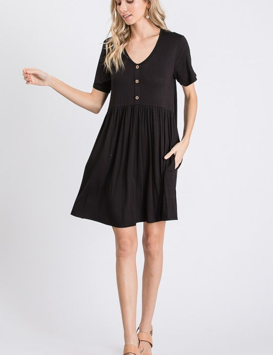 Black V Neck Babydoll Pocket Dress