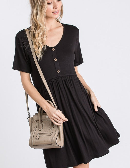 Black V Neck Babydoll Pocket Dress