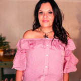 Button Front Striped Flutter Stylish Blouse Top