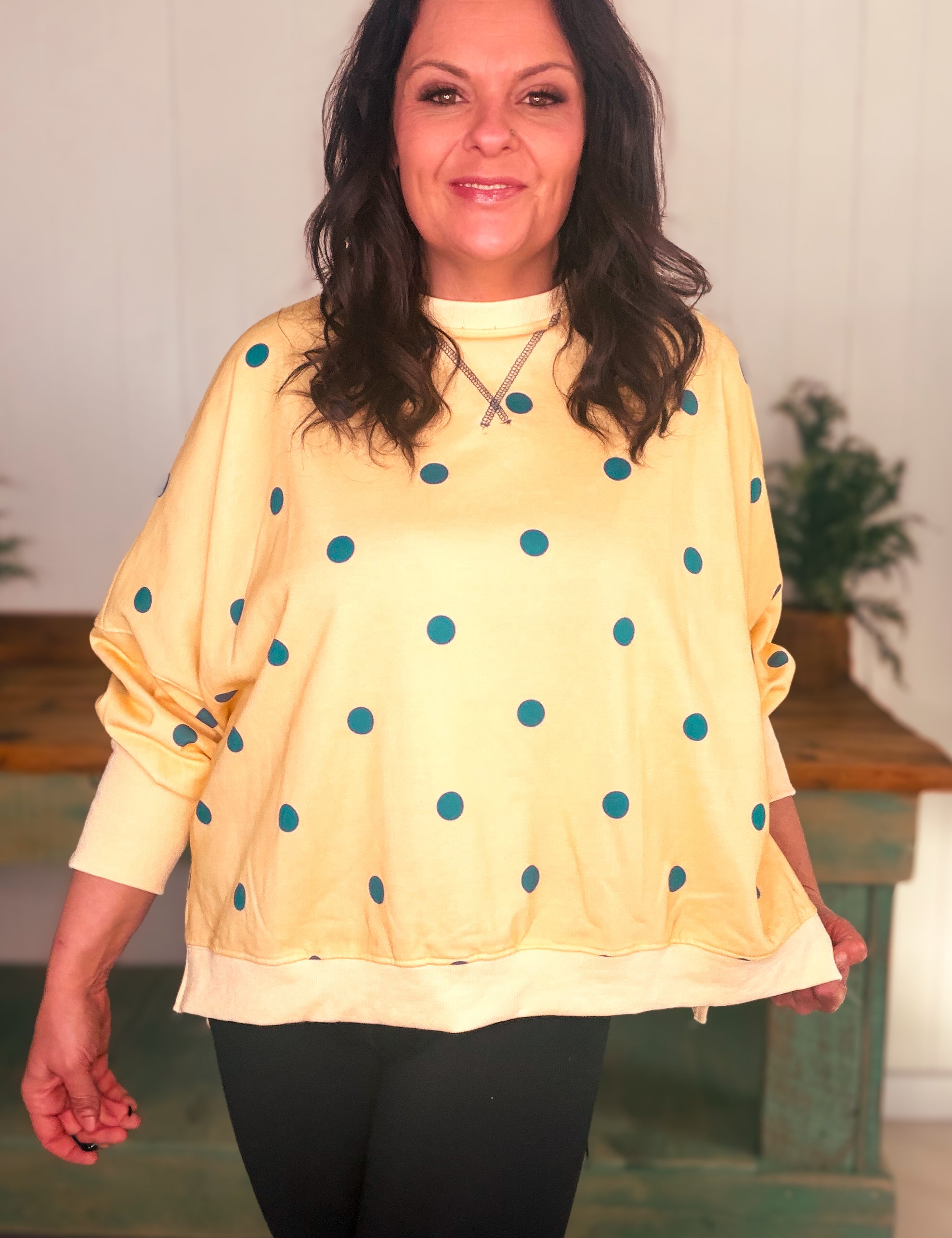 Polka Dot Printed Round Neck French Terry Oversized Sweatshirt-Yellow and Navy