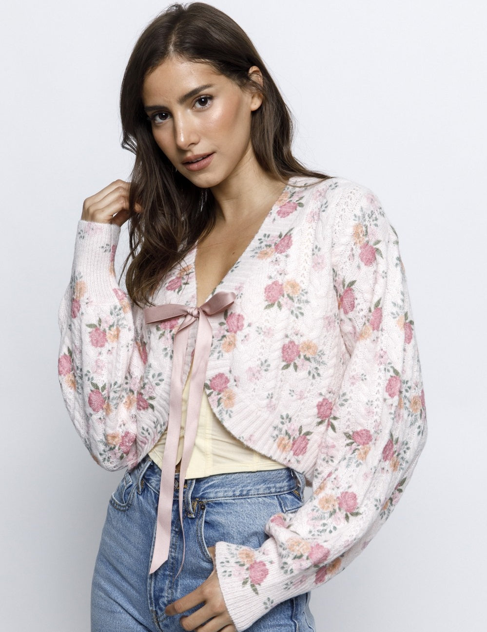Harper Floral Bouquet Cropped Cardigan - Pink