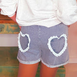 Denim Washed Heart Patch Elastic Band Waist Short