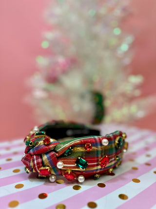 Metallic White Tartan Plaid Headband with Crystals - Adult Size