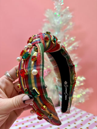 Metallic White Tartan Plaid Headband with Crystals - Adult Size