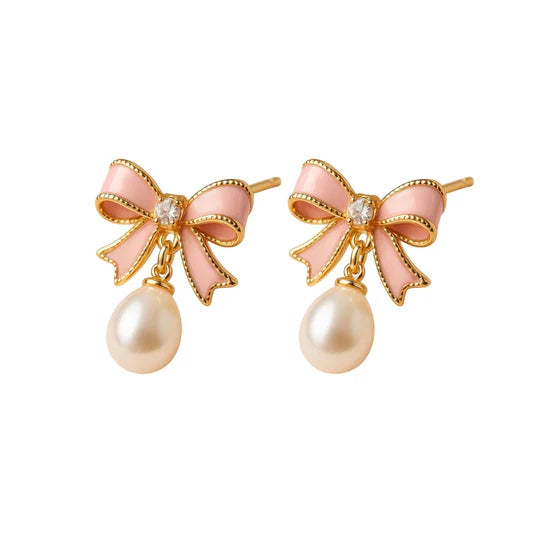 Brianna Cannon Pink Bow Pearl Drop Earrings