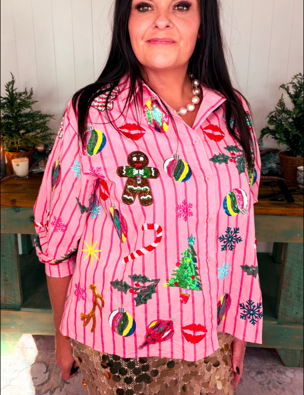 Light Pink & Red Stripe Christmas Icons Button Up Top (Queen of Sparkles)